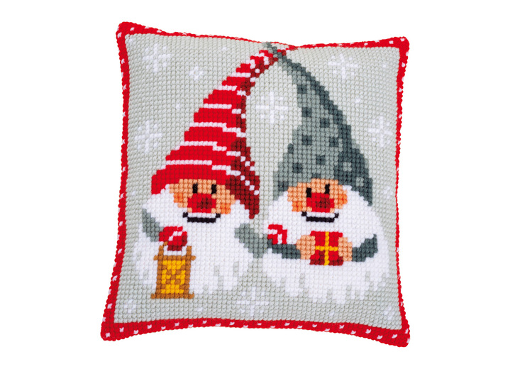 - Kreuzstichkissen mit Winter-Motiven, in Farbe BUNT, in Ausführung Stickkissen Wichtel