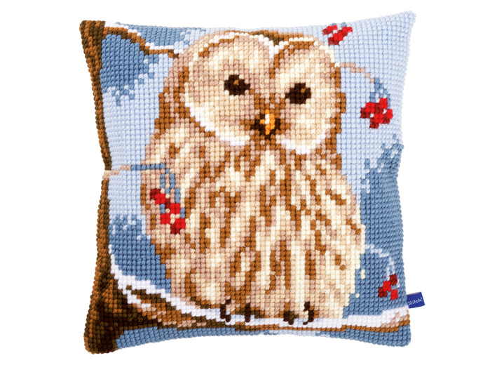 - Kreuzstichkissen mit Winter-Motiven, in Farbe BUNT, in Ausführung Stickkissen Wintereule