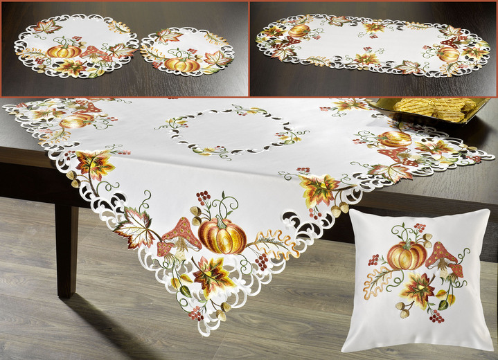 Herbstimpressionen - Tisch- und Raumdekoration mit herbstlichen Motiven, in Größe 101 (Deckchen, 35x 50 cm) bis 404 (Kissenbezug, 40x 40 cm), in Farbe SEKT-BUNT Ansicht 1