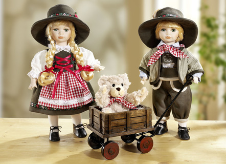 Puppenpaar mit Teddybär im Bollerwagen, 3er-Set