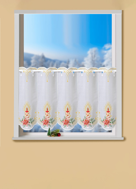Landhaus & Küche - Kurzvorhang Kerzen mit echter Plauener Stickerei, in Größe 788 (H41xB 96 cm) bis 858 (H55xB128 cm), in Farbe ECRU-ROT Ansicht 1