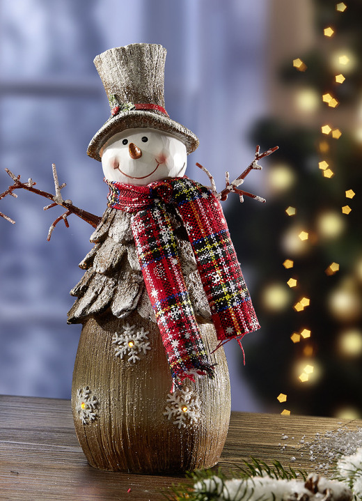 Weihnachten - Beleuchteter Schneemann aus Polyresin, in Farbe BRAUN-ROT, in Ausführung Schneemann mit Zylinder Ansicht 1