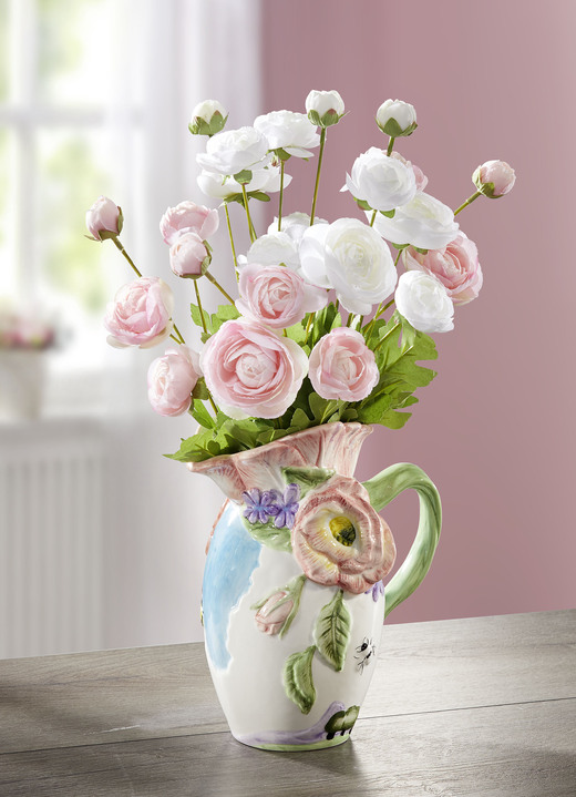 - Vase mit Henkel und Pfingstrosen, in Farbe ROSÉ-GRÜN-CREME