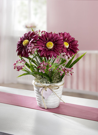 Gerbera-Gesteck aus hochwertigem Kunst- und Textilmaterial, im Topf