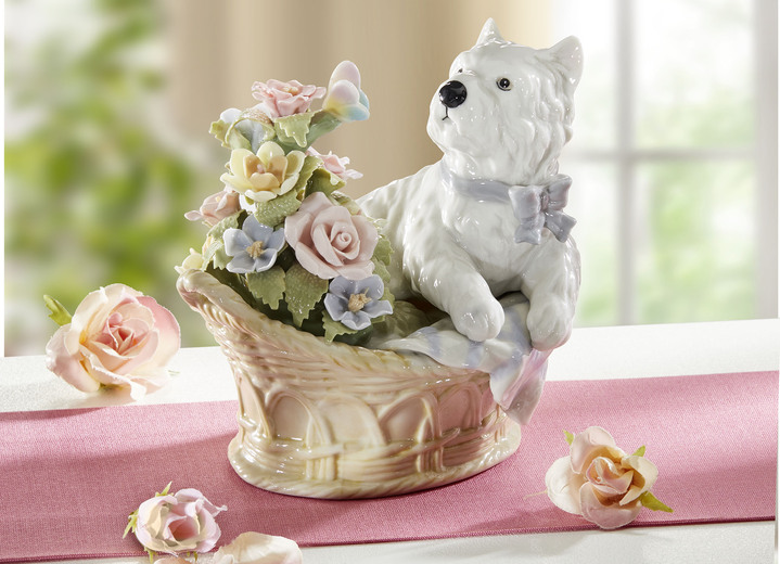 - Spieluhr Hund im Blumenkorb aus Porzellan, in Farbe CREME-WEISS