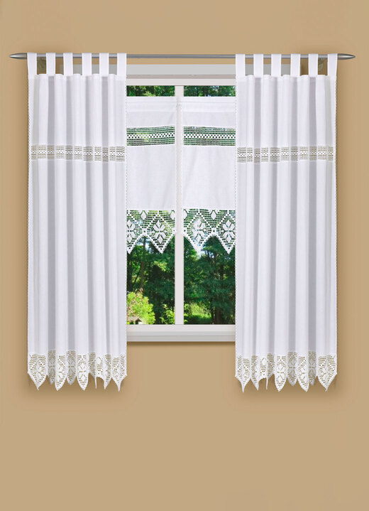 Klassisch - Hochwertige und blickdichte Fensterdekoration, in Größe 361 (Seitenschal, H150xB120 cm) bis 827 (Scheiben-Gardine, H130xB50 cm), in Farbe WEISS Ansicht 1