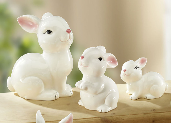 SALE % - Hasenfiguren aus Keramik, in Farbe WEISS-ROSA, in Ausführung 3er-Set, sitzend Ansicht 1