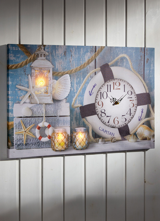 - LED-Leinwandbild mit einer Uhr, in Farbe WEISS-BLAU-GRAU