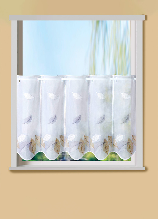 Landhaus & Küche - Kurzvorhang Blätter mit Stangendurchzug, in Größe 784 (H45xB 90 cm) bis 960 (H60xB150 cm), in Farbe BEIGE-GRAU Ansicht 1