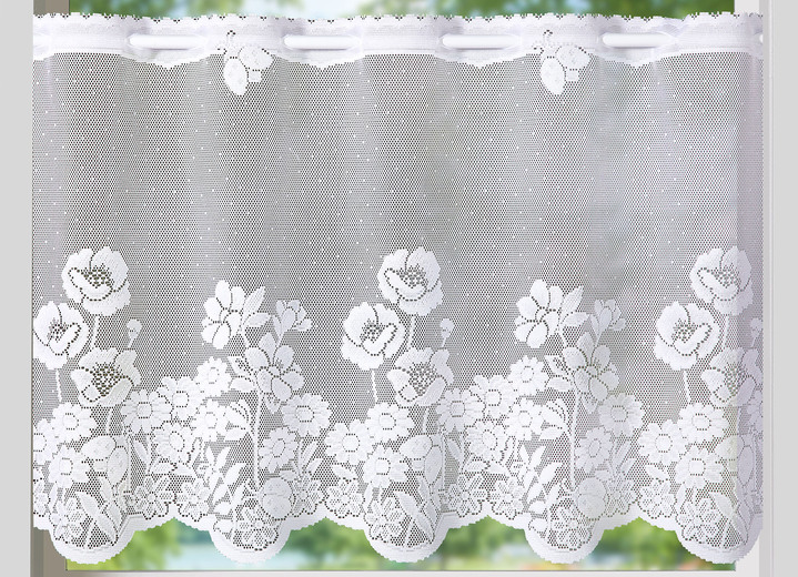 Landhaus & Küche - Kurzvorhang Blumenwiese mit Stangendurchzug, in Größe 784 (H45xB 90 cm) bis 859 (H60xB135 cm), in Farbe WEISS Ansicht 1