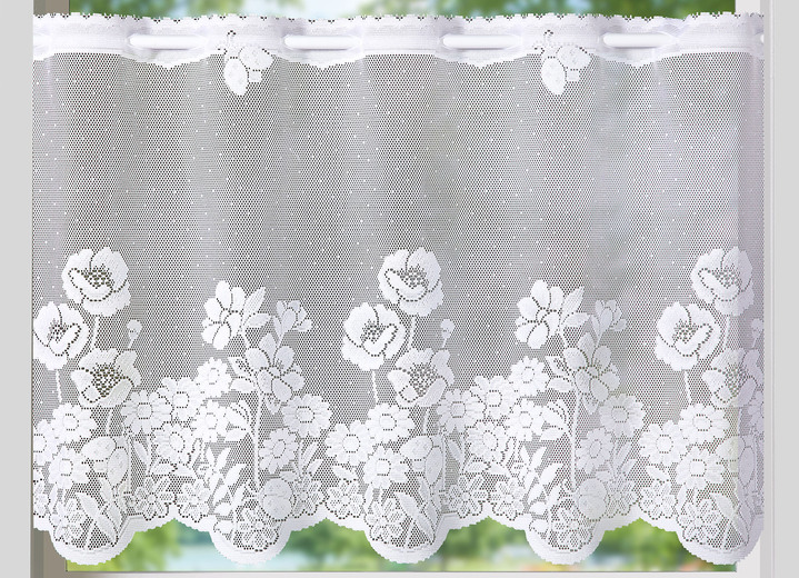 - Kurzvorhang Blumenwiese mit Stangendurchzug, in Größe 784 (H45xB 90 cm) bis 859 (H60xB135 cm), in Farbe WEISS