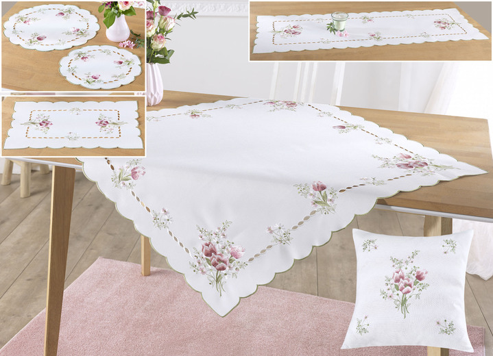 Tischdecken - Tisch- und Raumdekoration mit Rosenmotive, in Größe 101 (Deckchen, 35x 50 cm) bis 404 (Kissenbezug, 40x 40 cm), in Farbe WEISS-BUNT Ansicht 1