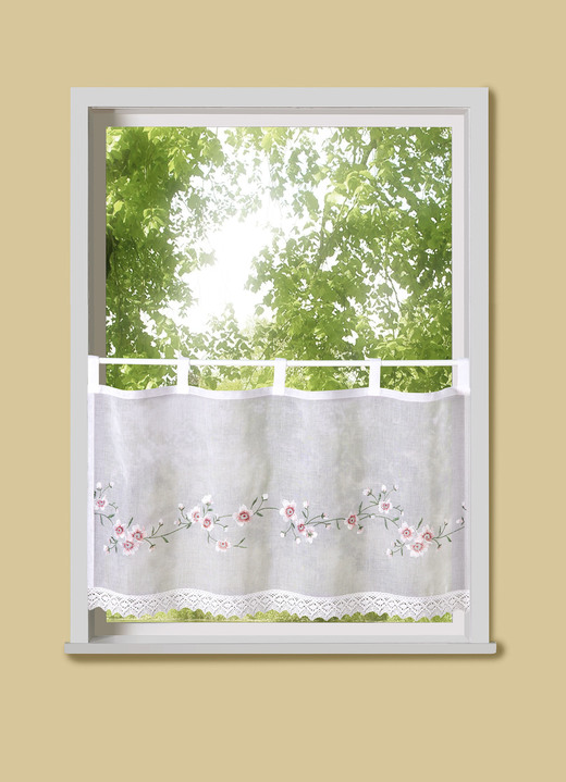 Landhaus & Küche - Kurzvorhang Blumenblüten mit Schlaufen, in Größe 661 (H30xB 90 cm) bis 859 (H60xB145 cm), in Farbe WEISS Ansicht 1