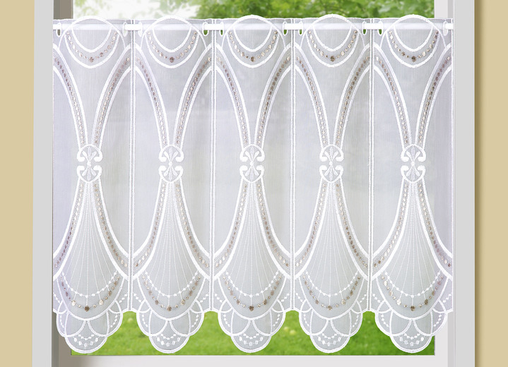 Landhaus & Küche - Kurzvorhang Gatsby mit echter Stickerei, in Größe 784 (45x 90 cm) bis 859 (60x155 cm), in Farbe WEISS-TAUPE Ansicht 1
