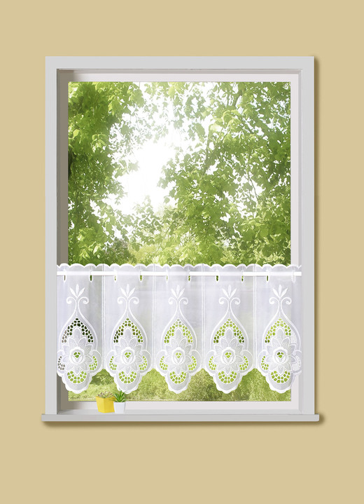 Landhaus & Küche - Kurzvorhang Blume mit Stangendurchzug, in Größe 786 (H45xB 95 cm) bis 884 (H90xB160 cm), in Farbe WEISS Ansicht 1