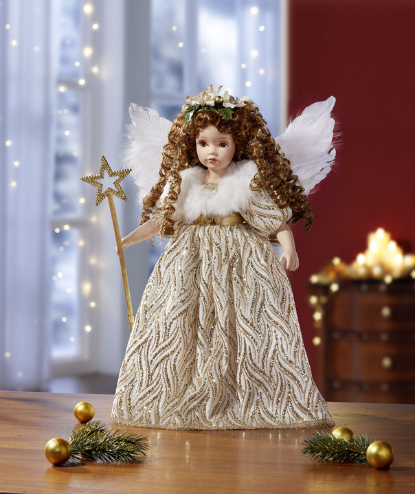 - Bezaubernder Engel auf Holzsockel, in Farbe CREME-GOLD