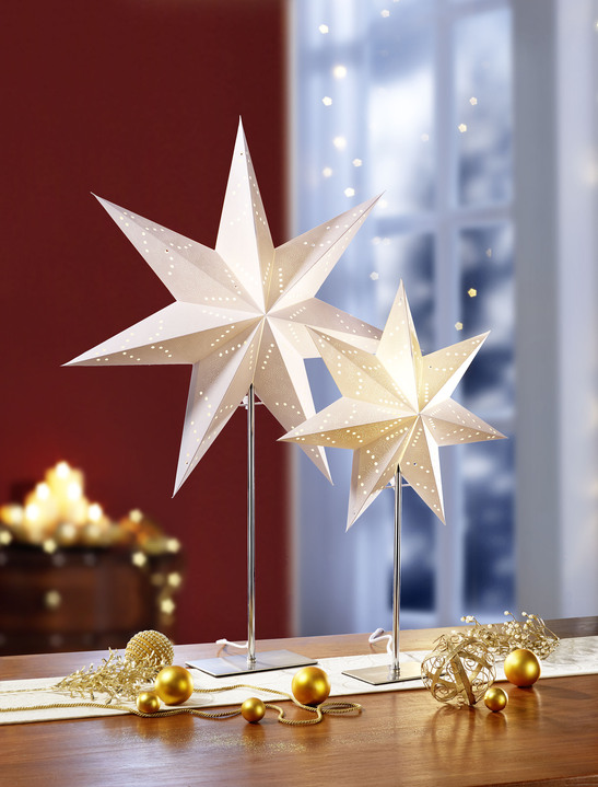 - Tischlampe Stern mit Standfuss aus Edelstahl, in Farbe WEISS-SILBER, in Ausführung klein