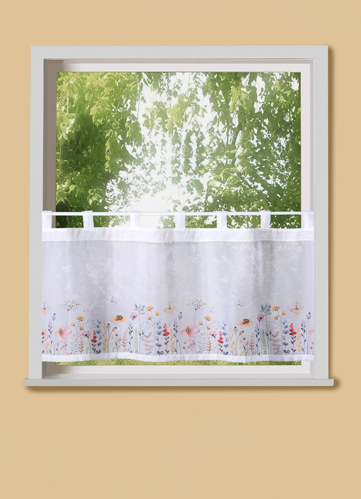 Landhaus & Küche - Kurzvorhang Blumenwiese mit Schlaufen, in Farbe WEISS-BUNT
