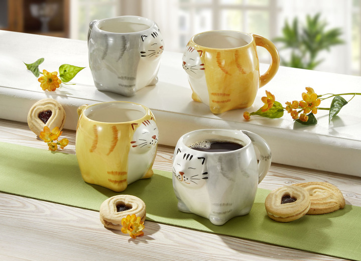 Gläser & Geschirr - Katzen-Tasse, 2er-Set, aus hochwertiger Keramik, in Farbe ORANGE-WEISS