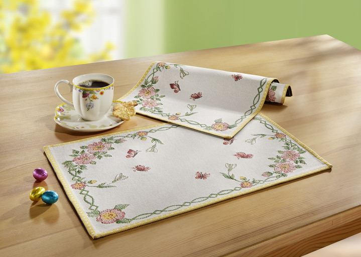 Tischdecken - Tischdekoration mit Blümchen- und Schmetterlingsdekor, in Farbe CREME-GELB-ROSA, in Ausführung Platzdeckchen Ansicht 1