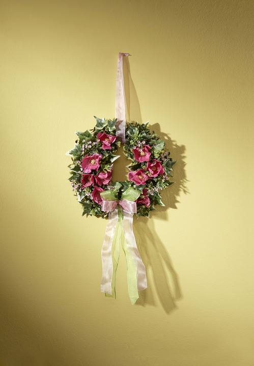 Kunst- & Textilpflanzen - Wandkranz mit rosafarbenen Cosmea-Blüten, in Farbe GRÜN-ROSA