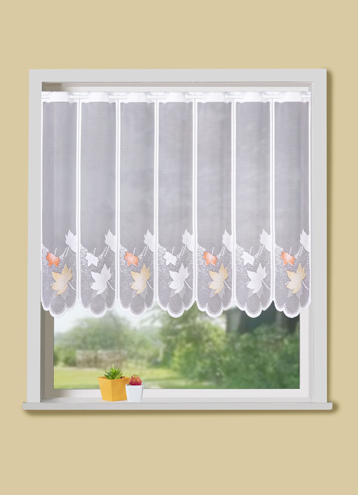 Landhaus & Küche - Kurzvorhang mit herbstlichem Blättermotiv, in Größe 856 (H60xB104 cm) bis 894 (H100xB164 cm), in Farbe WEISS-TERRA