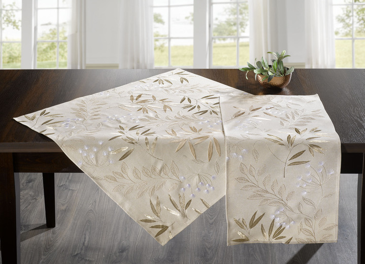 Tischdecken - Bestickte Tisch- und Raumdekoration mit Gräser- und Blätter-Dessin, in Größe 130 (2 Deckchen, 35x 50 cm) bis 404 (Kissenbezug, 40x 40 cm), in Farbe BEIGE Ansicht 1