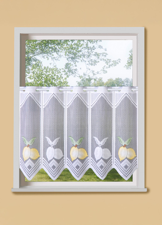Landhaus & Küche - Handcolorierter Kurzvorhang mit gezacktem Abschluss, in Größe 119 (H50x B90 cm) bis 123 (H50xB195 cm), in Farbe WEISS-GELB