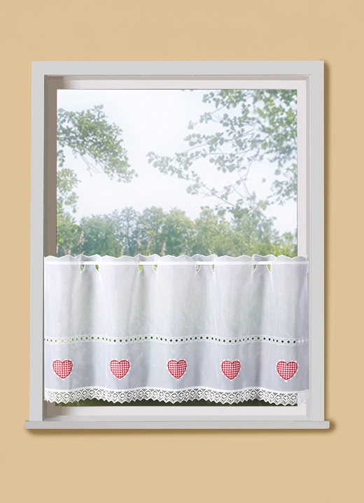 Landhaus & Küche - Kurzvorhang mit Macramé-Abschluss und Stangendurchzug, in Größe 661 (H30xB 90 cm) bis 859 (H60xB145 cm), in Farbe WEISS-ROT