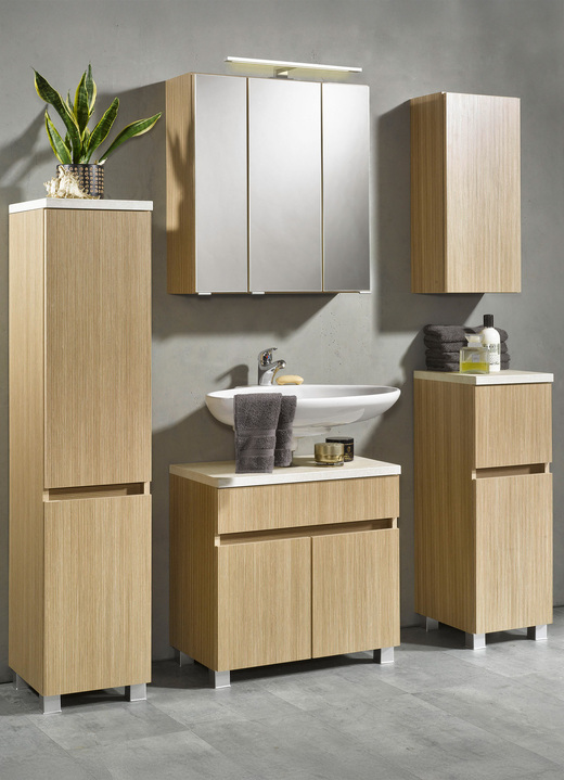 Badezimmermöbel - Badmöbel-Programm, auch hängend montierbar, in Farbe EICHE HELL-BEIGE, in Ausführung Waschbecken-Unterschrank Ansicht 1
