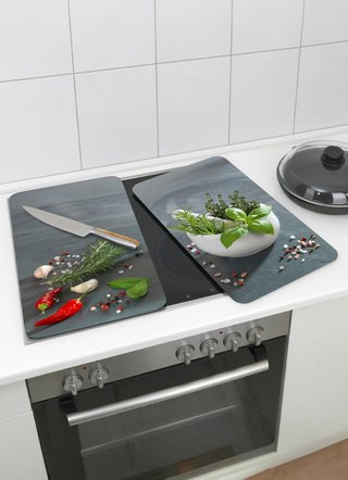 Herdabdeckplatten aus Glas, 2er-Set, Motiv Kräuterküche