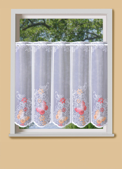 Landhaus & Küche - Handkolorierter Kurzvorhang mit Stangendurchzug, in Größe 661 (H30xB 93 cm) bis 859 (H60xB155 cm), in Farbe WEISS-BUNT