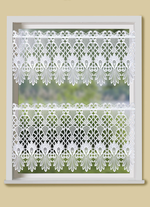 Landhaus & Küche - Kurzvorhang mit aufwendigem Macramé-Abschluss, in Größe 661 (H30xB 95 cm) bis 865 (H60xB200 cm), in Farbe WEISS