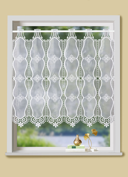 Landhaus & Küche - Kleinfenster-Vorhang mit Macramé-Abschluss, in Größe 824 (H45xB100 cm) bis 899 (H90xB200 cm), in Farbe WEISS