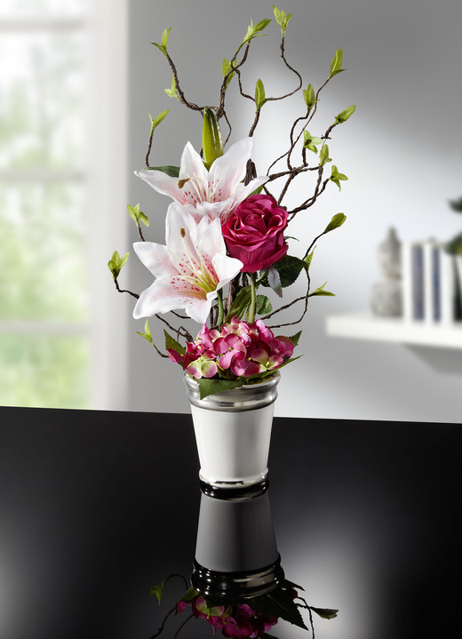 Kunst- & Textilpflanzen - Lilien-Arrangement im Keramiktopf, in Farbe WEISS-ROSA-GRÜN