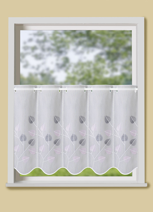 Landhaus & Küche - Fein bestickter Kleinfenster-Vorhang, in Größe 842 (H50xB 96 cm) bis 881 (H70xB160 cm), in Farbe WEISS-GRAU Ansicht 1