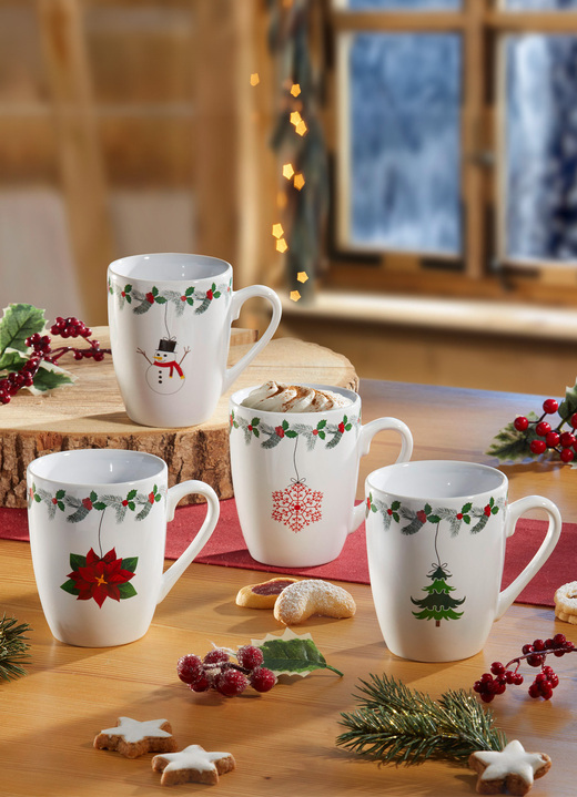 - Weihnachtstassen aus Steingut, 4er-Set, in Farbe WEISS-BUNT Ansicht 1