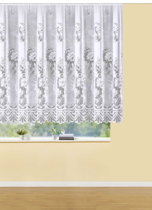 Klassisch - Blumenfenster-Vorhang mit Automatikfaltenband, in Größe 140 (H125xB250 cm) bis 179 (H160xB500 cm), in Farbe WEISS