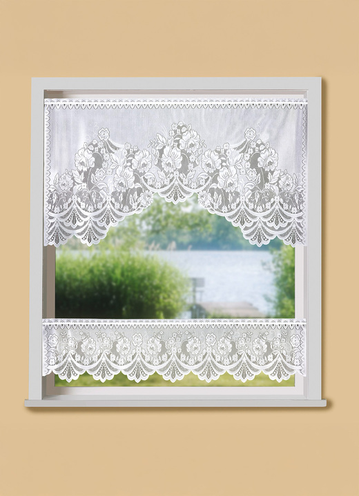 Landhaus & Küche - Fensterset, 2-teilig, mit Stangendurchzug, in Größe 309 (H75xB120 cm + H28xB120 cm) bis 315 (H75xB150 cm + H28xB150 cm), in Farbe WEISS
