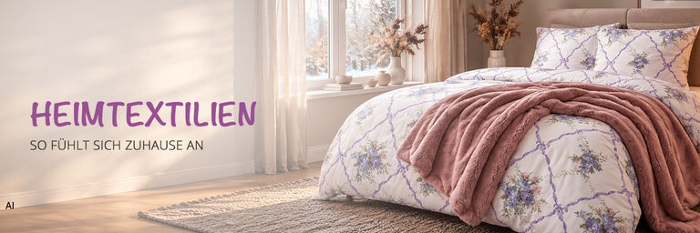 Gem&uuml;tliches Schlafzimmer mit gebl&uuml;mter Bettw&auml;sche, rosafarbener Kuscheldecke und warmen Wohnaccessoires.