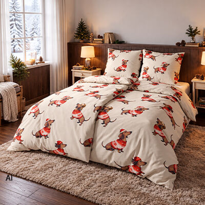 Wei&szlig;e Weihnachtsbettw&auml;sche mit festlichem Dackelmotiv in Rot und Beige auf einem gem&uuml;tlichen Doppelbett