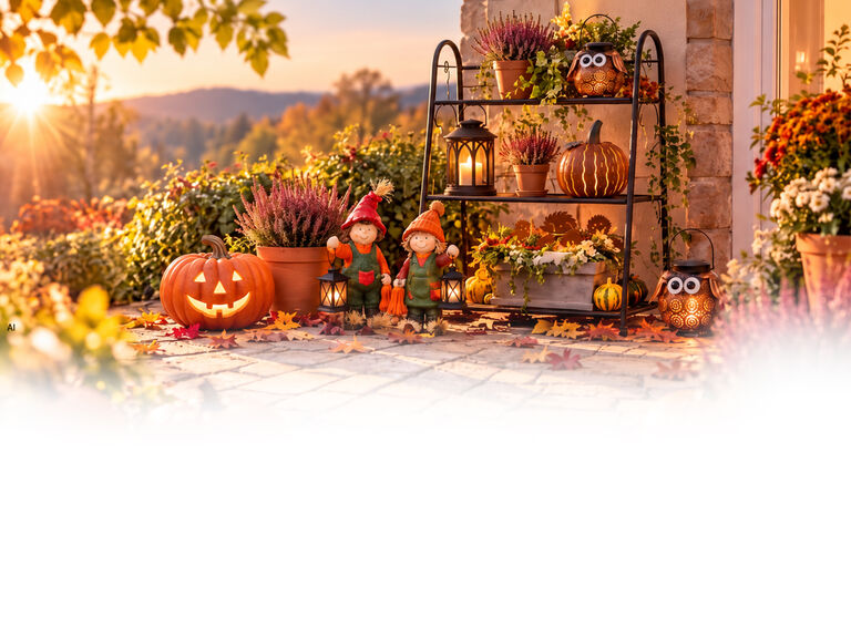 Herbstlicher Garten mit K&uuml;rbissen, Laternen und Dekofiguren