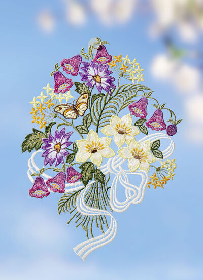 Fensterbild mit Blumenstrauss aus  Plauener Spitze 