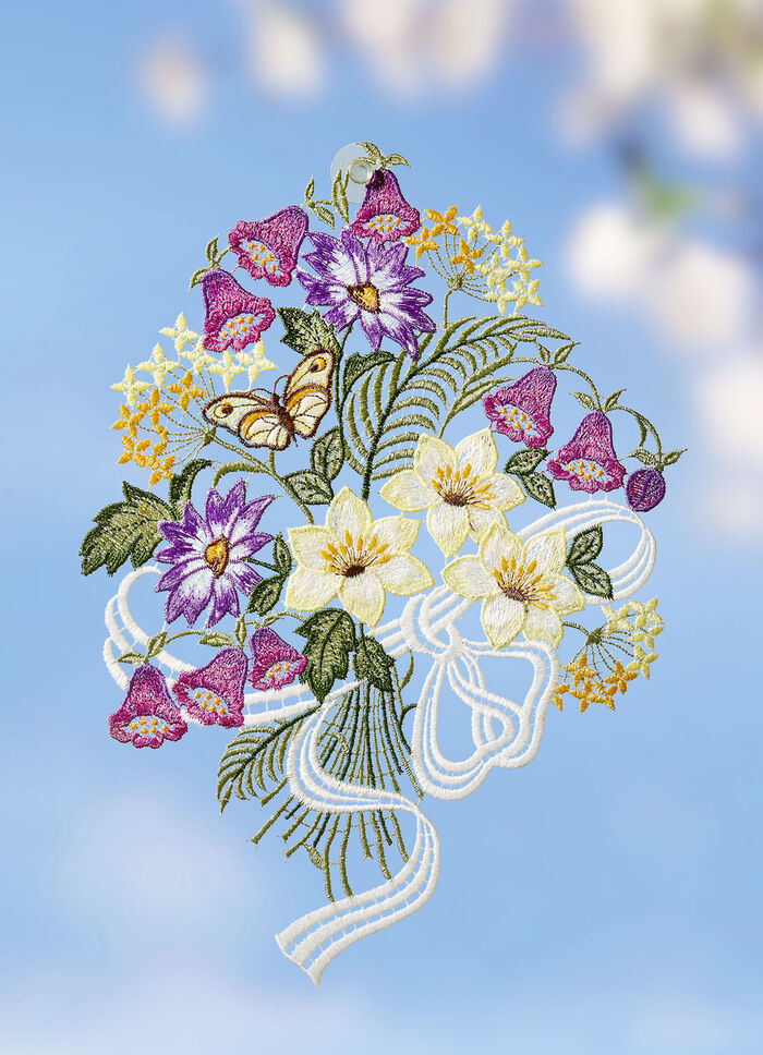 Fensterbild mit Blumenstrauss aus  Plauener Spitze 