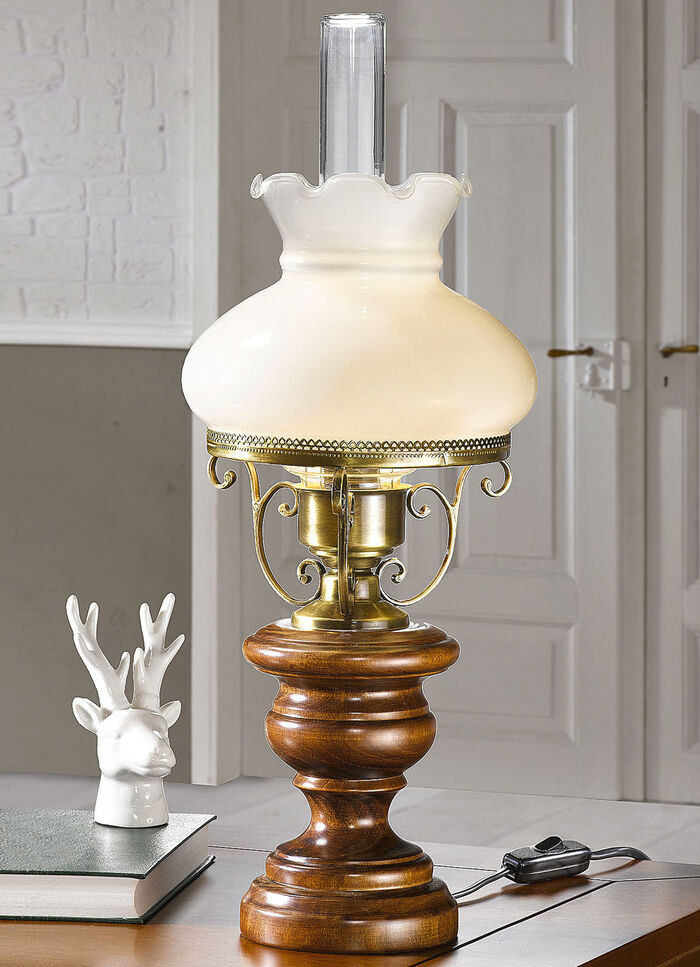 Tischlampe aus messingbeschichtetem Eisen und Holz  