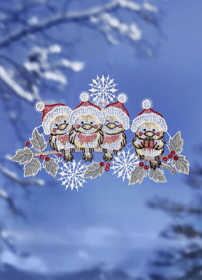 Fensterbild Wintervögel aus echter Plauener Spitze 