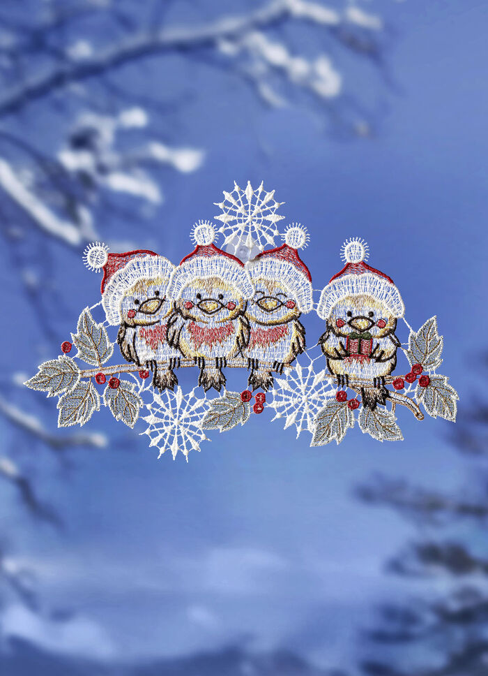 Fensterbild Wintervögel aus echter Plauener Spitze 