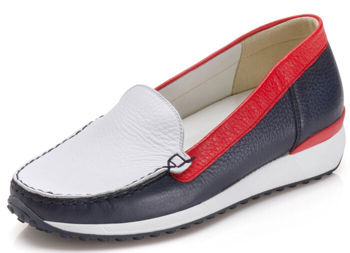 Waldl&auml;ufer, klassische Damen-Slipper, Weite H, mit herausnehmbarem Fussbett BLAU-WEISS-ROT