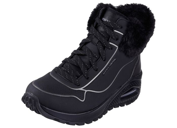 SKECHERS, gef&uuml;tterte Damen-Boots, Winterschuhe, mit flauschigem Pl&uuml;schkragen SCHWARZ