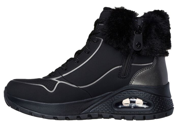 SKECHERS, gef&uuml;tterte Damen-Boots, Winterschuhe, mit flauschigem Pl&uuml;schkragen SCHWARZ